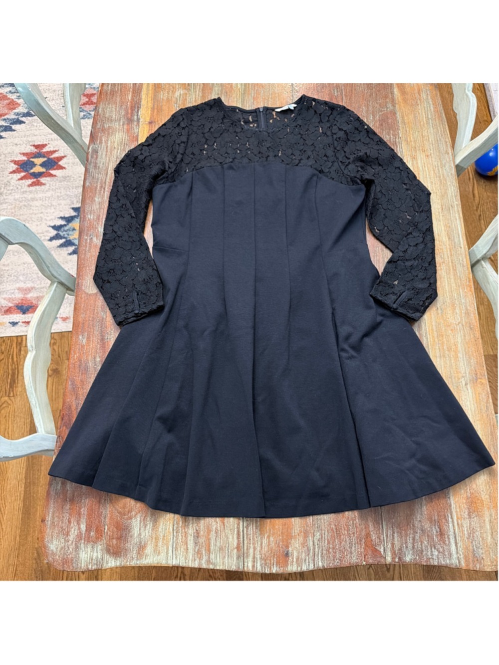 ⁠Boden US 16R Black Lace Yoke Fit Flare Dress Long Sleeve Pleated Cocktail Party